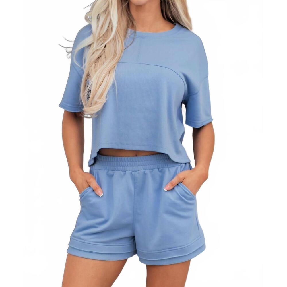 NEW DEAR LOVER 2 piece short and top loungewear set in sky blue